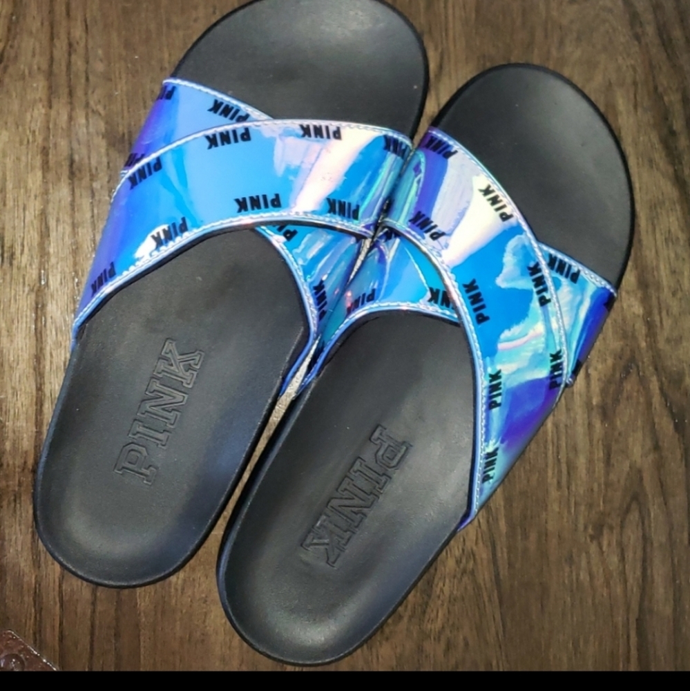 New PINK VS Halographic Logo Crisscross Spellout Slip-On Slide Sandal Medium 7/8